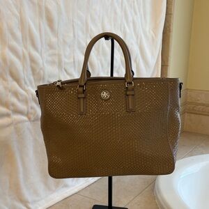 Tory Burch Brown Woven Leather Satchel | Gold Logo | Structured Zip‑Top